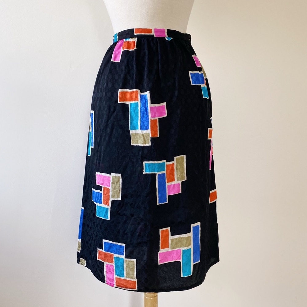 Black Silk Skirt with Colorful Block Pattern